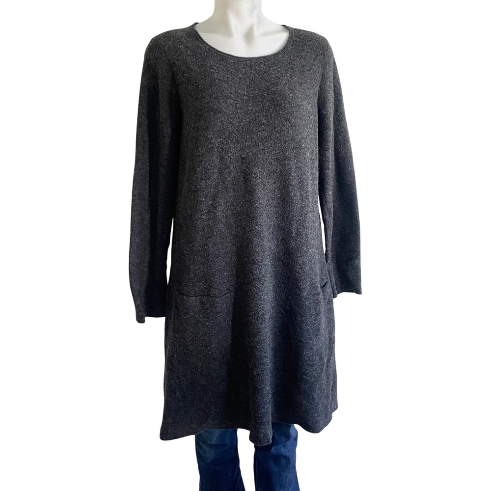 Eileen Fisher Charcoal Gray Boiled Wool Blend Sweater Dress Large L Long Sleeve